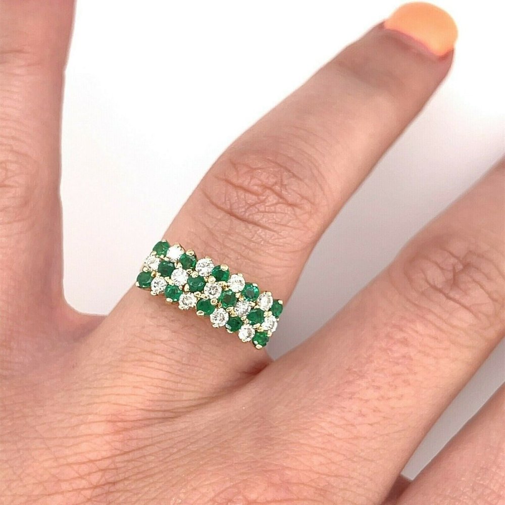 Vintage Emerald Diamond ThreeRow Cluster Gold Ring